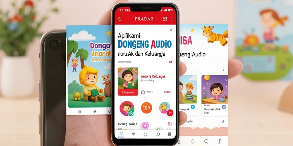 Tampilan antarmuka aplikasi PRADA188 dengan berbagai pilihan dongeng audio.